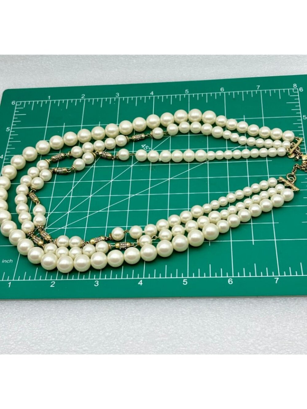 90s Ann Taylor 3-strand Pearl Necklace-Gold Tone Rhinestone Spacer Signed - Picture 5 of 5